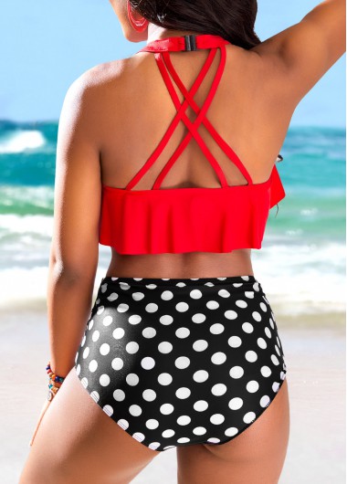Red swimwear,Black swimwear,Dot swimwear,Ruffle Red Polka Dot High Waisted Bikini Set
