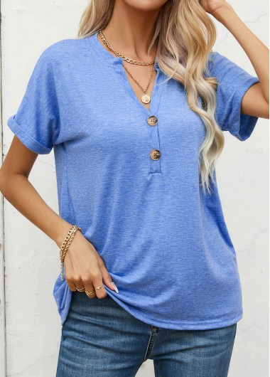 Blue tops,Plain Color tops,Button Blue Split Neck Short Sleeve T Shirt