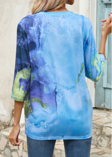 Light Blue tops,Ombre tops,Ombre Light Blue V Neck T Shirt