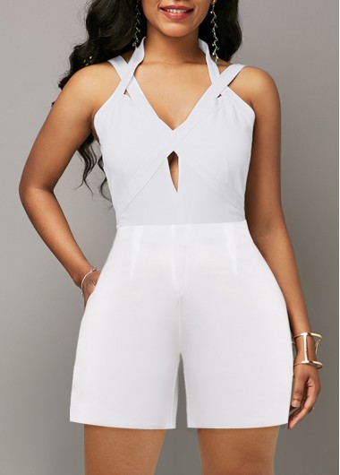 White jumpsuits & rompers,Plain Color jumpsuits & rompers,ROTITA Cut Out White V Neck Sleeveless Romper
