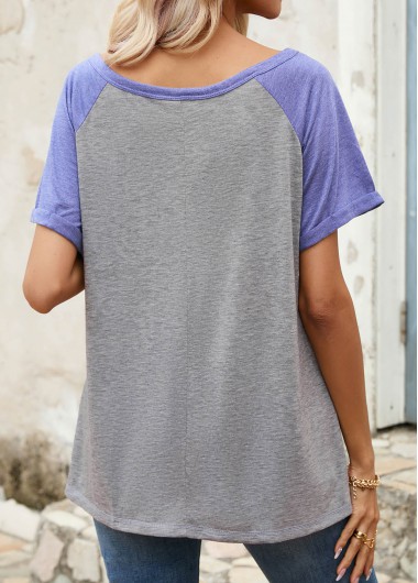 Light Grey tops,Contrast Color tops,Button Light Grey Round Neck T Shirt