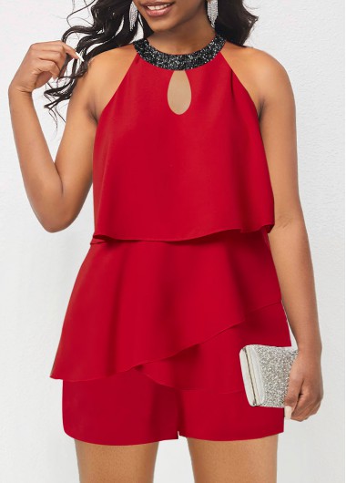 Red jumpsuits & rompers,Plain Color jumpsuits & rompers,ROTITA Asymmetry Red Round Neck Sleeveless Romper