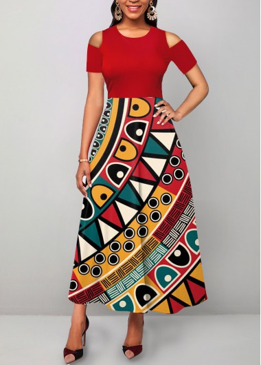 Red dresses,Tribal dresses,Geometric dresses,ROTITA Cut Out Tribal Print Red Maxi Dress