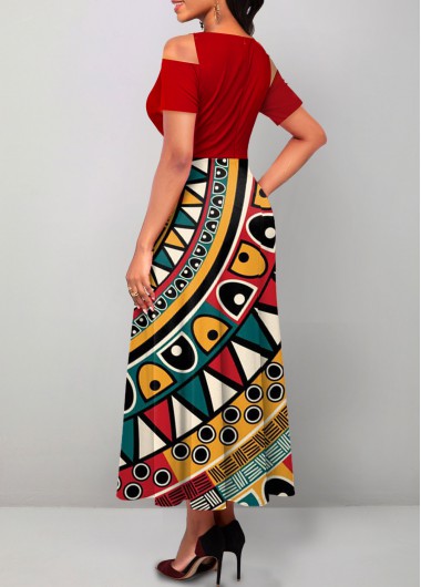 Red dresses,Tribal dresses,Geometric dresses,ROTITA Cut Out Tribal Print Red Maxi Dress
