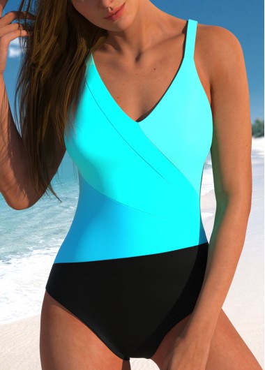 Cyan swimwear,Black swimwear,Contrast Color swimwear,ROTITA Patchwork Wide Strap Cyan One Piece Swimwear