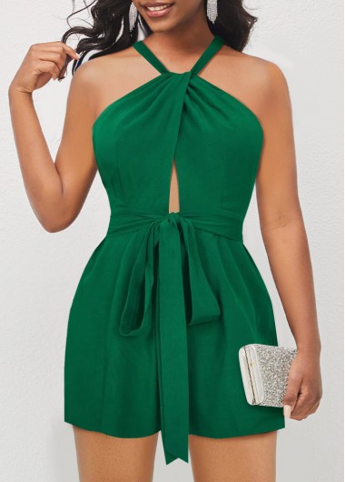 Green jumpsuits & rompers,Plain Color jumpsuits & rompers,ROTITA Tie Green Belted Halter Sleeveless Romper