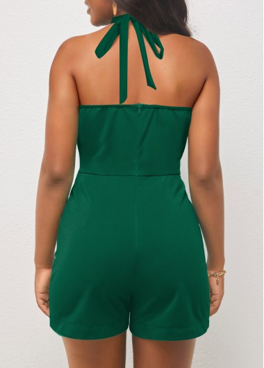 Green jumpsuits & rompers,Plain Color jumpsuits & rompers,ROTITA Tie Green Belted Halter Sleeveless Romper