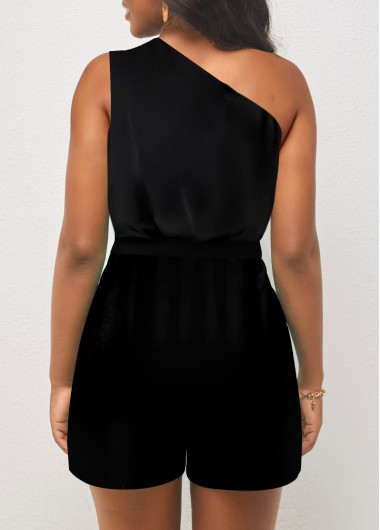 Black jumpsuits & rompers,Plain Color jumpsuits & rompers,ROTITA Shinning Black One Shoulder Sleeveless Romper