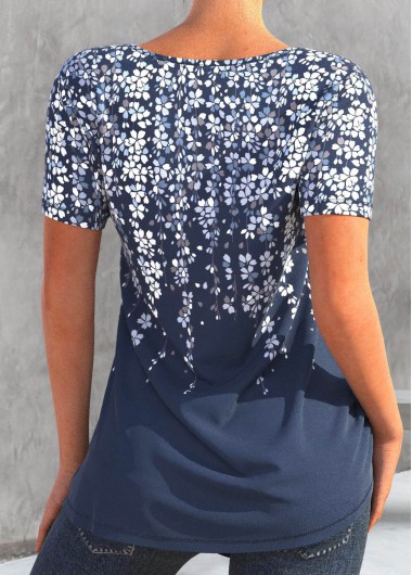 Denim Blue tops,Floral tops,ROTITA Asymmetry Floral Print Denim Blue T Shirt