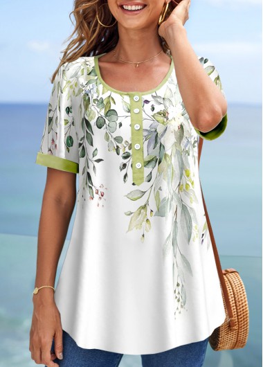 Light Green tops,White tops,Floral tops,Plants tops,ROTITA Contrast Binding Floral Print Light Green T Shirt