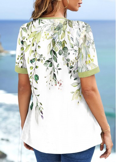 Light Green tops,White tops,Floral tops,Plants tops,ROTITA Contrast Binding Floral Print Light Green T Shirt