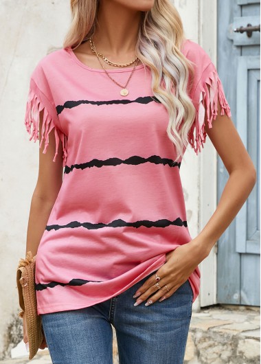 Pink tops,Striped tops,Tassel Striped Pink Round Neck T Shirt