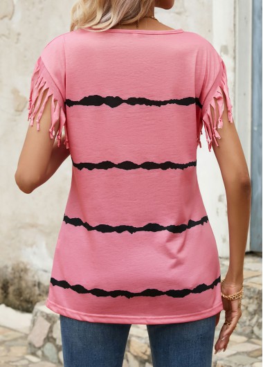 Pink tops,Striped tops,Tassel Striped Pink Round Neck T Shirt