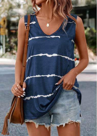 Dark Blue tops,Striped tops,Pocket Striped Dark Blue V Neck Tank Top