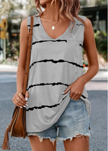 Light Grey tops,Striped tops,Pocket Striped Light Grey V Neck Tank Top