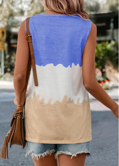 Blue tops,White tops,Contrast Color tops,Pocket Blue V Neck Tank Top
