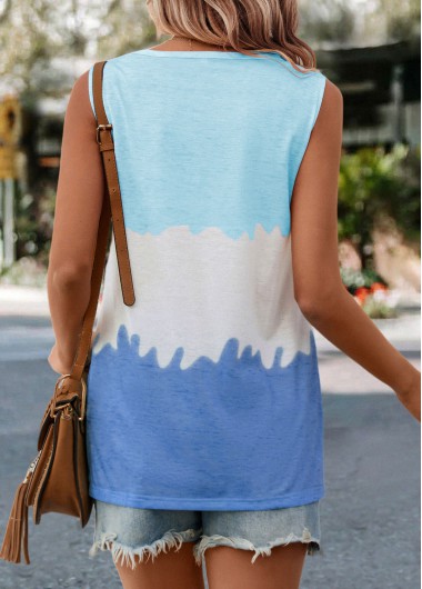 Light Blue tops,White tops,Contrast Color tops,Pocket Light Blue V Neck Tank Top