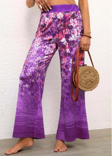 Purple bottoms,Floral bottoms,Plants bottoms,Floral Print Purple Flare Leg Elastic Waist Pants