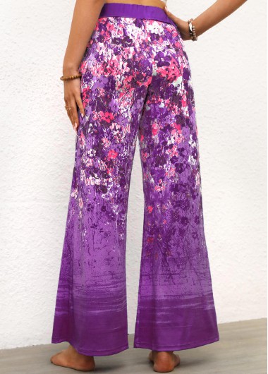 Purple bottoms,Floral bottoms,Plants bottoms,Floral Print Purple Flare Leg Elastic Waist Pants