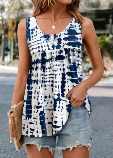 Dark Blue tops,Tie Dye tops,Button Tie Dye Print Dark Blue Tank Top