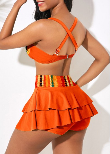 Orange swimwear,Striped swimwear,Geometric swimwear,ROTITA Layered Orange Multi Stripe Print High Waisted Bikini Set