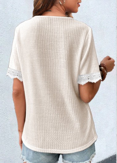 Raw white tops,Plain Color tops,ROTITA Lace Raw White V Neck T Shirt