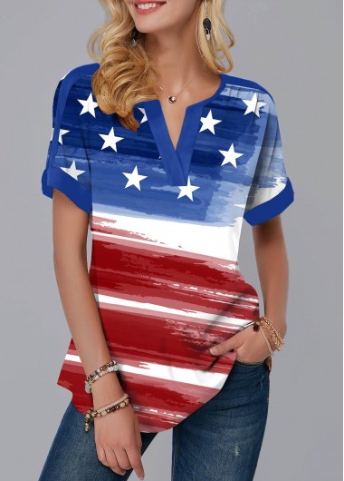 Dark Blue tops,Flag tops,Ombre tops,ROTITA Flag Print Dark Blue Split Neck Blouse