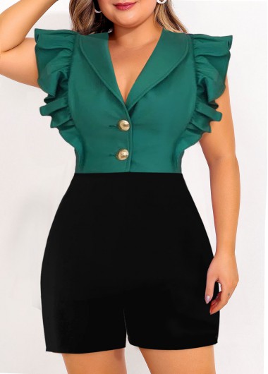 Green plus size,Black plus size,Contrast Color plus size,ROTITA Plus Size Shawl Collar Sleeveless Regular Romper