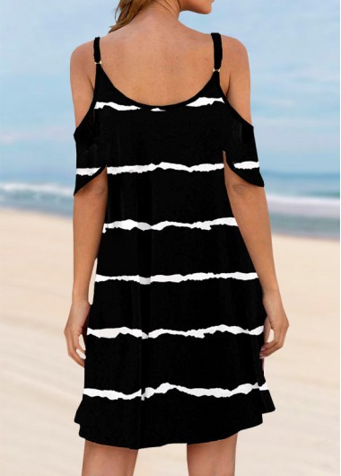 Black swimwear,Striped swimwear,Geometric swimwear,ROTITA Pocket Cold Shoulder Black Striped Cover Up