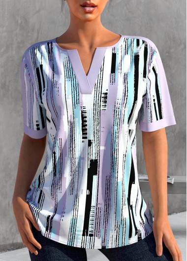 Light Purple tops,Geometric tops,ROTITA Split Geometric Print Light Purple Short Sleeve Blouse