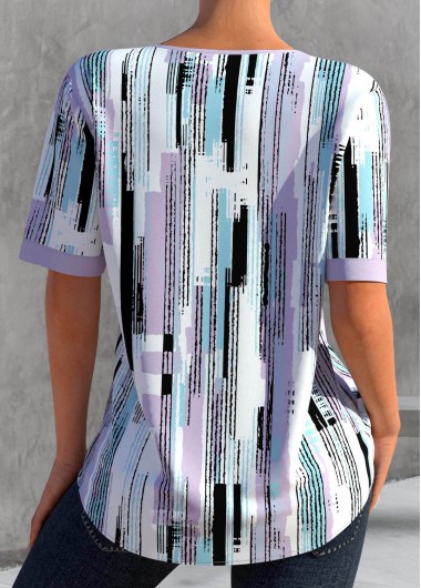 Light Purple tops,Geometric tops,ROTITA Split Geometric Print Light Purple Short Sleeve Blouse