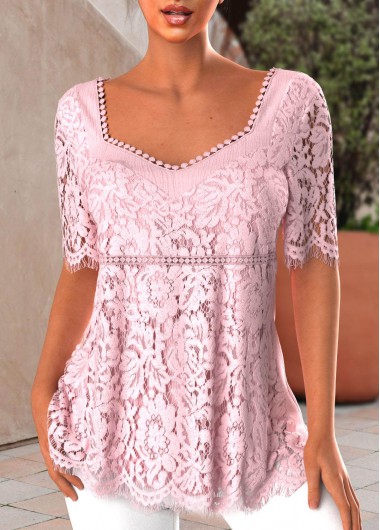 Light Pink tops,Plain Color tops,ROTITA Lace Light Pink Heart Collar Short Sleeve Blouse