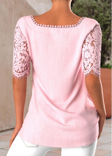 Light Pink tops,Plain Color tops,ROTITA Lace Light Pink Heart Collar Short Sleeve Blouse
