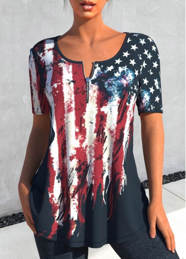 Multi Color tops,Flag tops,ROTITA Zipper Flag Print Multi Color T Shirt