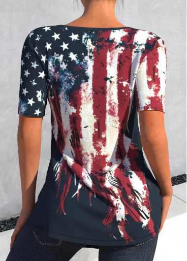 Multi Color tops,Flag tops,ROTITA Zipper Flag Print Multi Color T Shirt