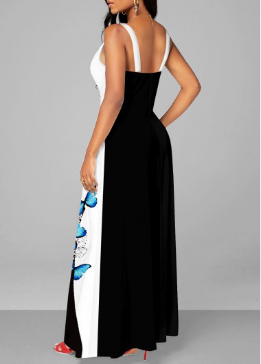 Black dresses,White dresses,Animal Print dresses,ROTITA Cage Neck Butterfly Print Black Maxi Dress
