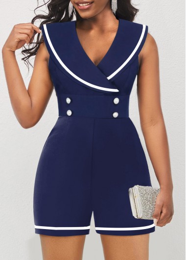 Navy jumpsuits & rompers,Plain Color jumpsuits & rompers,ROTITA Contrast Binding Navy Shawl Collar Romper