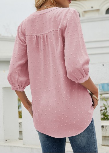 Pink tops,Plain Color tops,Pink 3/4 Sleeve Split Neck T Shirt