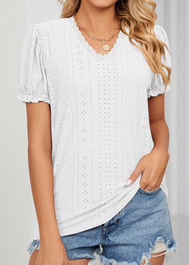 White tops,Plain Color tops,Lace White V Neck Short Sleeve T Shirt