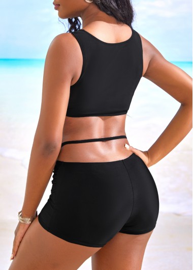 Black swimwear,Plain Color swimwear,ROTITA Cut Out Black Mid Waisted Bikini Sets