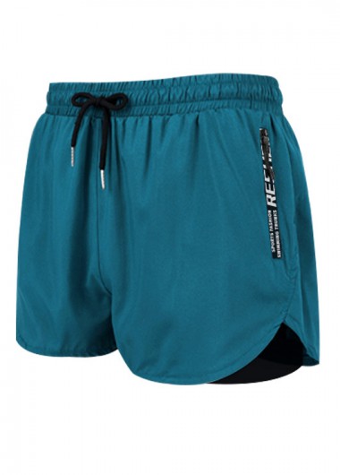 Turquoise swimwear,Plain Color swimwear,Drawstring Waist Turquoise Mid Waisted Men's Swim Trunks