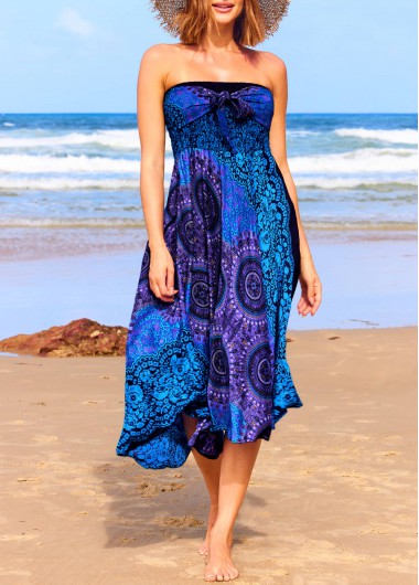 Blue swimwear,Tribal swimwear,Floral swimwear,Smocked Blue Tribal Print Beach Skirt