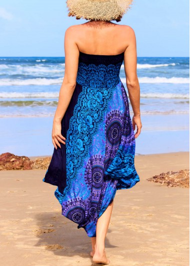 Blue swimwear,Tribal swimwear,Floral swimwear,Smocked Blue Tribal Print Beach Skirt