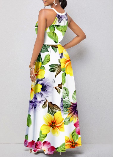 White dresses,Floral dresses,Plants dresses,ROTITA Cut Out Floral Print White Belted Maxi Dress