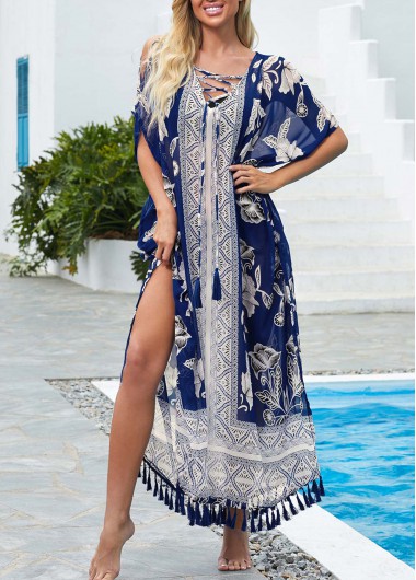 Blue swimwear,Floral swimwear,Cold Shoulder Tribal Print Tassel Tie Cover Up