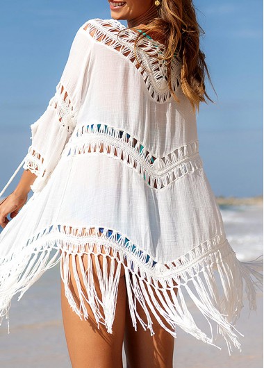 White swimwear,Plain Color swimwear,White Tassel Hem 3/4 Sleeve Cover Up