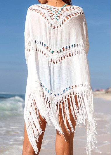White swimwear,Plain Color swimwear,White Tassel Hem 3/4 Sleeve Cover Up