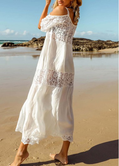 White swimwear,Plain Color swimwear,White Round Neck Lace Stitching Cover Up