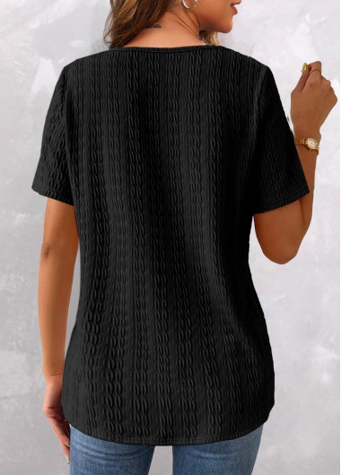 Black tops,White tops,Contrast Color tops,ROTITA Patchwork Black V Neck Short Sleeve T Shirt