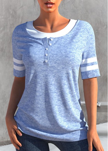 Light Blue tops,Contrast Color tops,ROTITA Button Light Blue Round Neck T Shirt